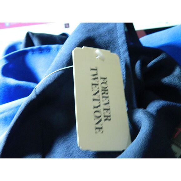 Rory Beca Forever 21 Blouse Size Large Blue Black Colorblock Peplum Open Back - Picture 7 of 7